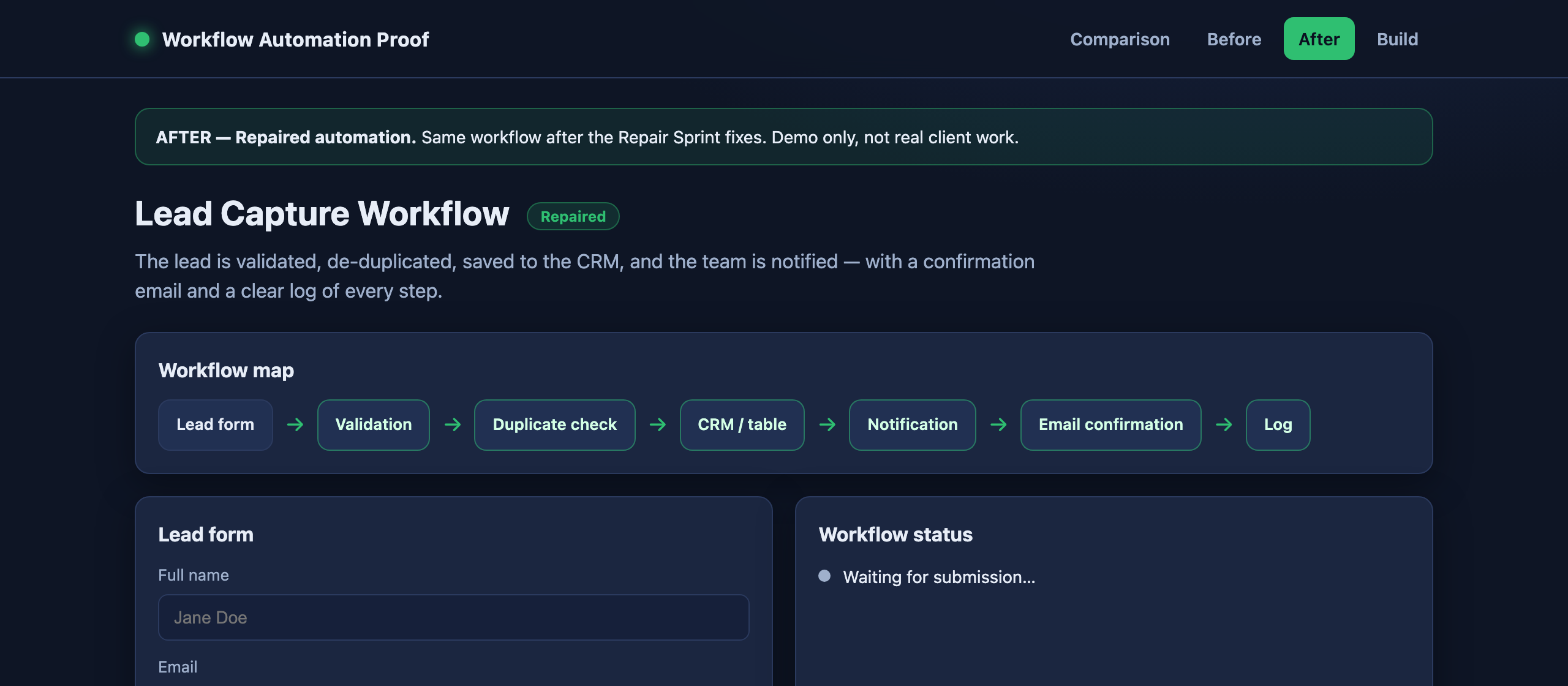 After: repaired workflow with clear step-by-step logs and working notifications