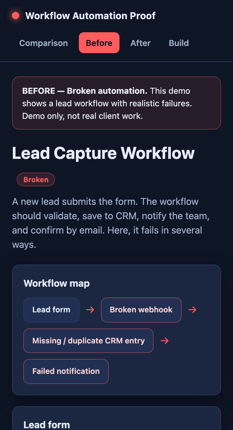 Mobile before: broken workflow evidence